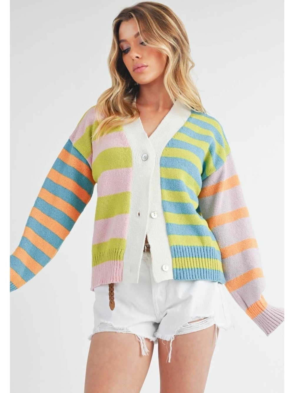 Aemi & Co "Flavia" Striped V-Neck Button Cardigan - Pink, Lime & Blue-NWT-Sz M
